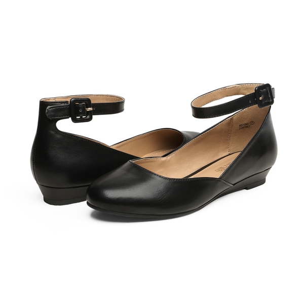 Comfortable Ankle Strap Low Wedge Flats - BLACK PU - 4